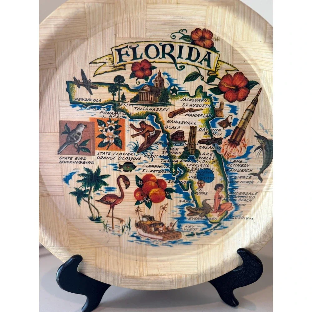 Vintage Florida Map Bamboo Tray and Coasters Set | Mid Century Souvenir